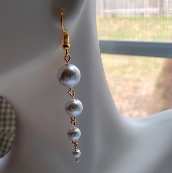 White Glass Faux Pearl Descending Four Tier Dangle Hook Linear Earrings Handmade - Picture 2 of 10